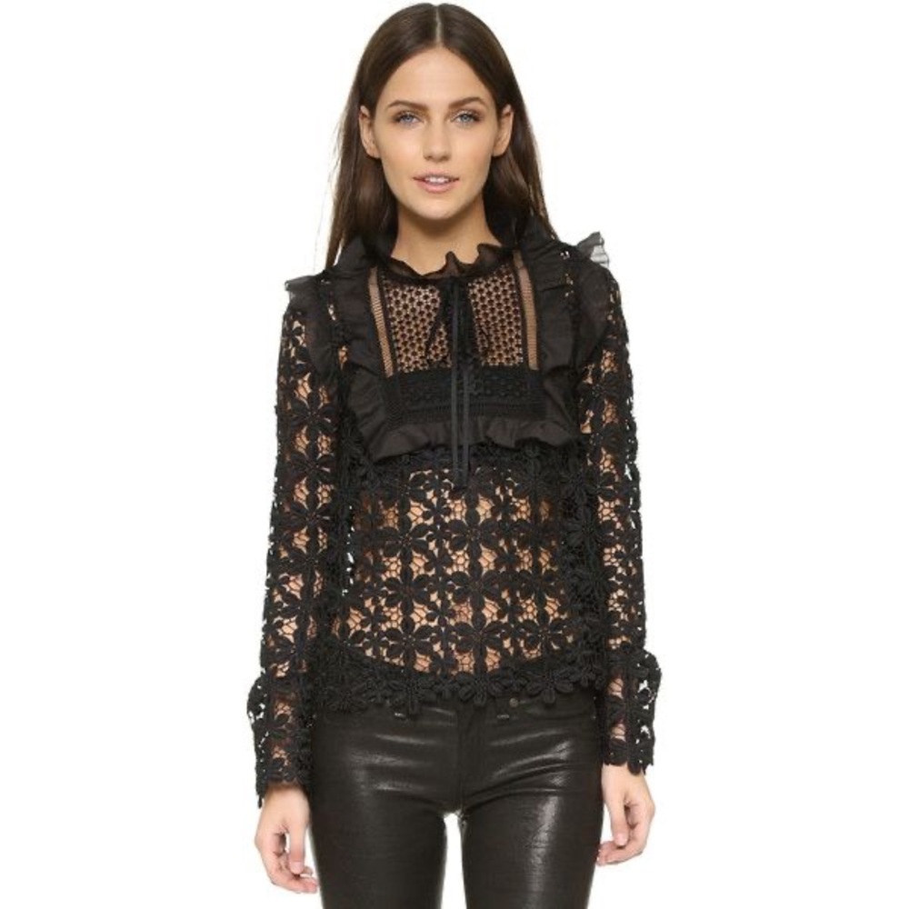 Self Portrait Black Guipure Lace Ruffle Top Size 4